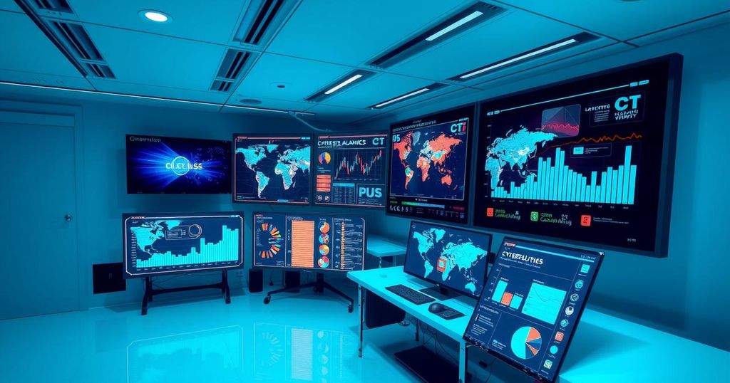 A digital representation of cybersecurity advancements with AI technology in a modern office environment.