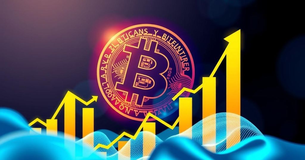A digital illustration of a Bitcoin symbol amidst rising graphs and financial symbols, illustrating market optimism.