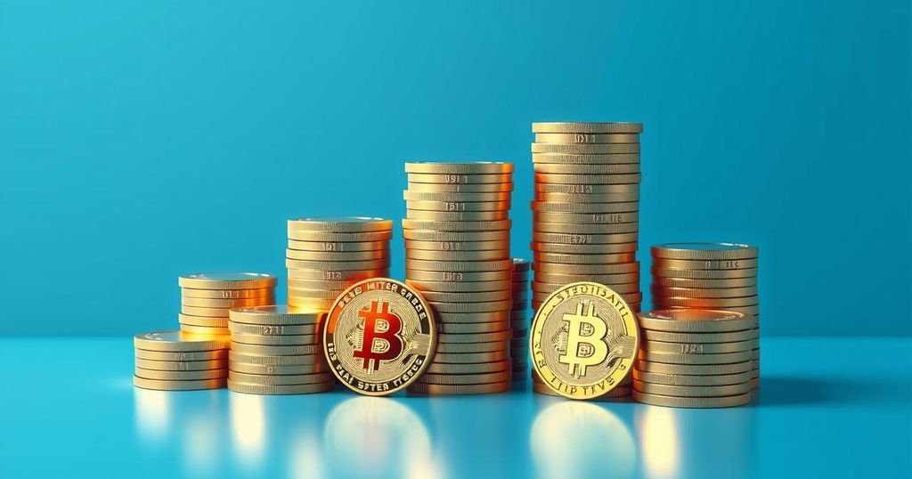 A digital representation of Bitcoins arranged in a clean, modern layout showcasing the growth in digital currency investments.