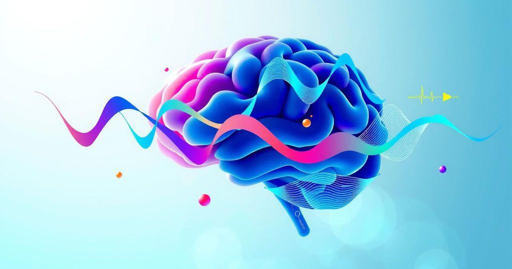 Abstract depiction of cognitive activity with brain wave patterns, symbolizing AI interaction in education.