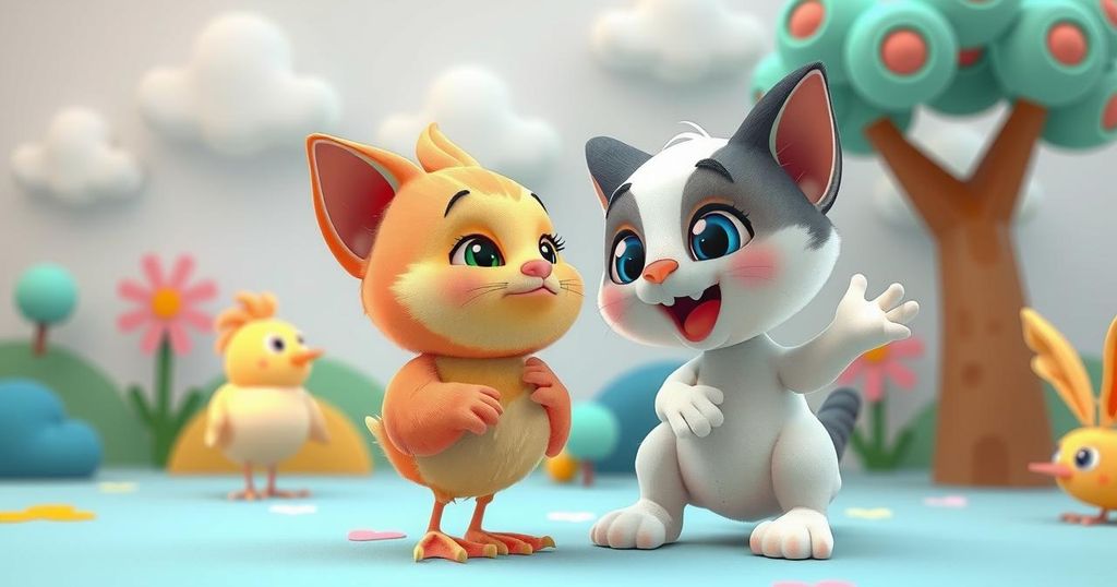 A vibrant AI-generated scene featuring a cartoon cat and chick in a whimsical animation style with bright colors.