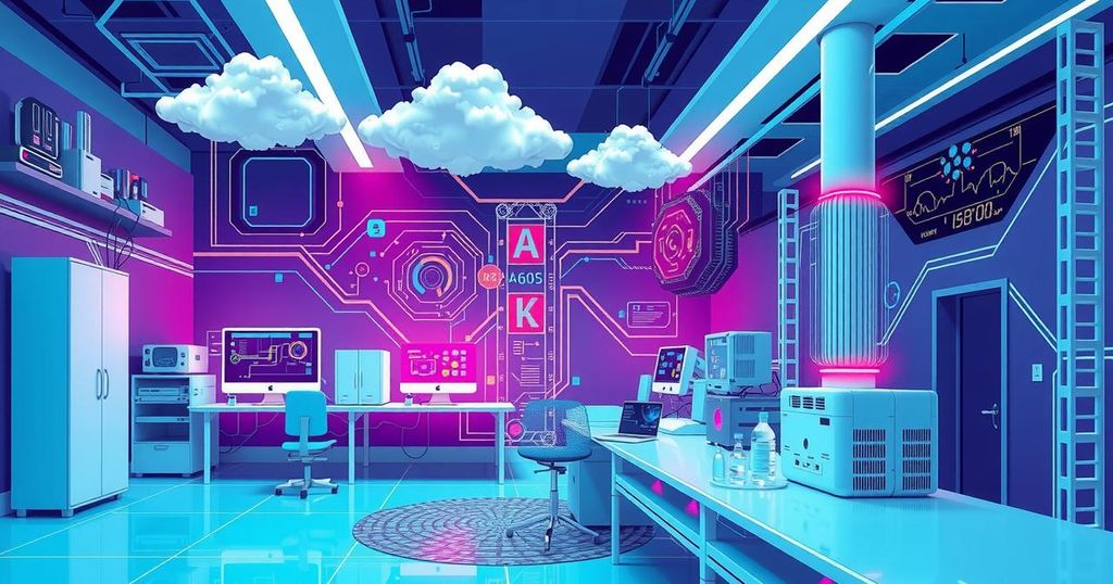 Futuristic AI lab concept with abstract digital elements and vibrant colors, symbolizing innovation and technology