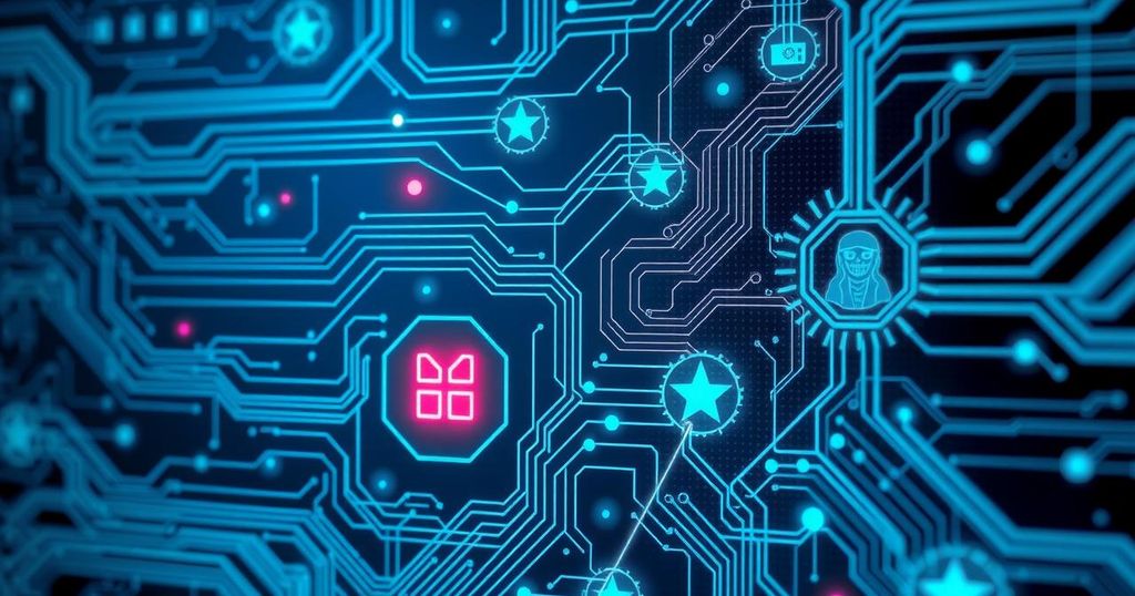 Abstract representation of AI technology with military motifs in a modern, high-tech style.