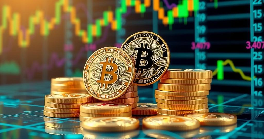 Golden coins stack with Bitcoin symbols on a futuristic digital background showing financial growth concepts.