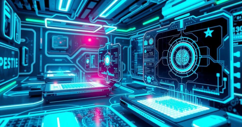 A digital landscape showcasing advanced AI technology and futuristic designs in a vibrant color scheme.