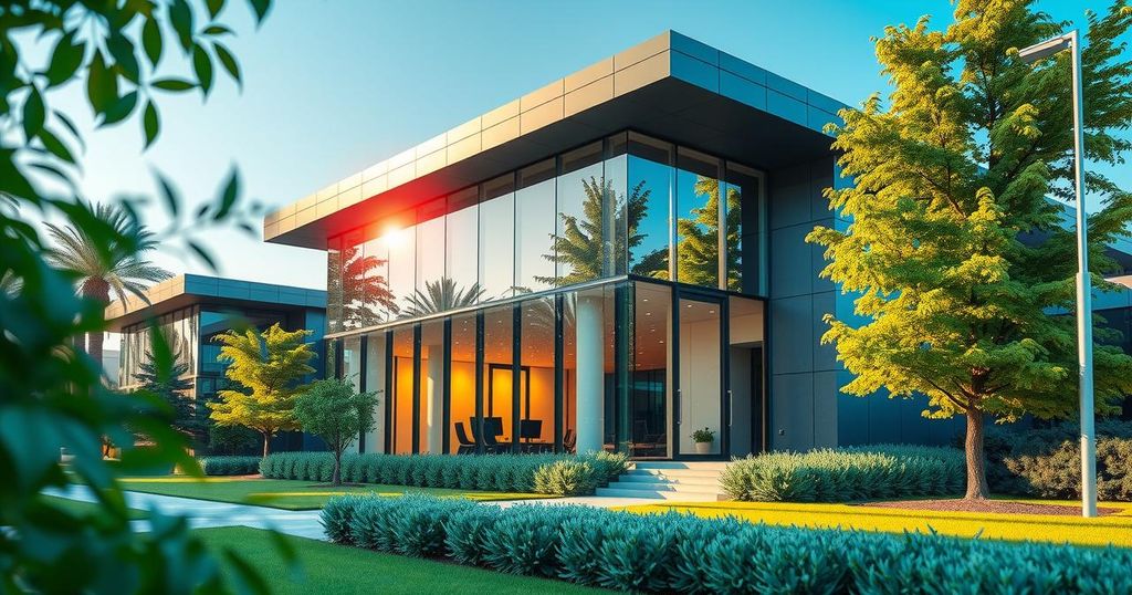 A modern corporate building representing an AI company in New Jersey, showcasing innovation and technology progress.