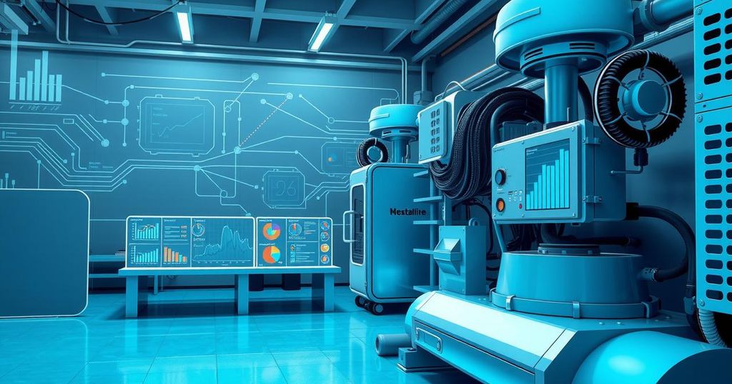A tech-savvy workspace showcasing advanced machinery and data analytics with a focus on industrial efficiency.