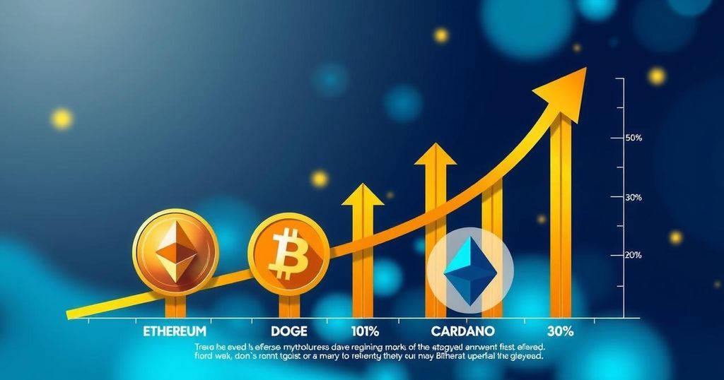 Colorful infographic representing rising cryptocurrency trends with Ethereum, Dogecoin, and Cardano symbols.