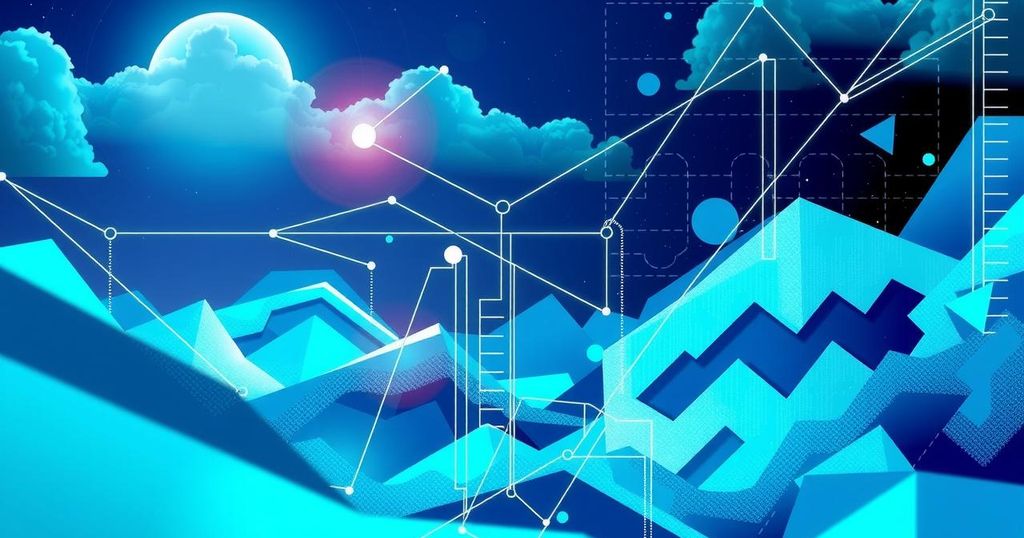 A digital landscape depicting AI technology and job opportunities, blended with vibrant colors and geometric patterns.
