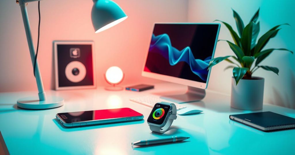 A modern workspace with sleek tech devices and an inspiring atmosphere showcasing innovative design.