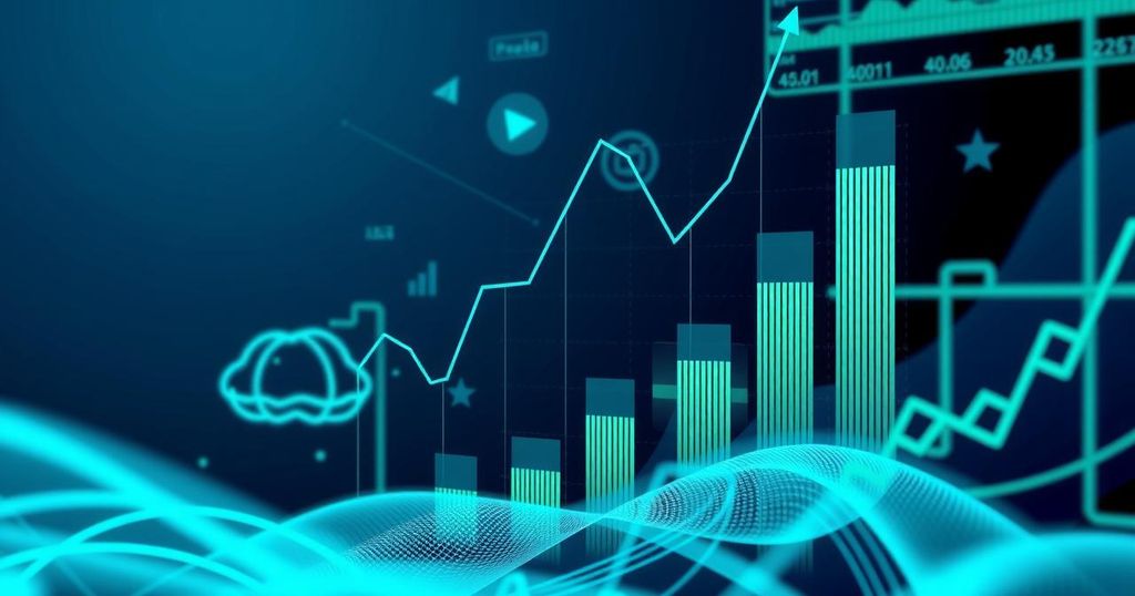 A conceptual representation of artificial intelligence investment, showcasing growth charts and data streams in a modern style.