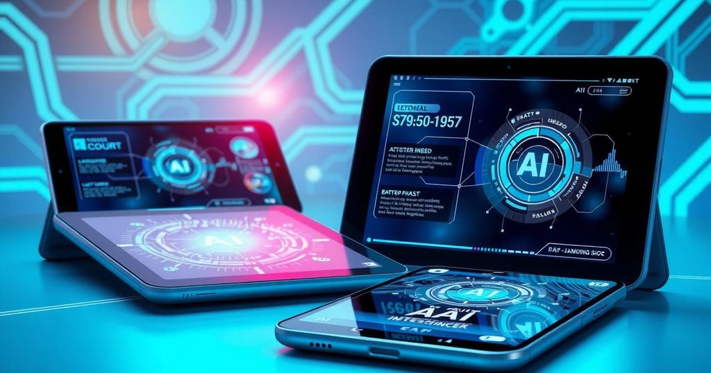 Concept of AI integration in tech with sleek devices and vibrant colors representing innovation and design.