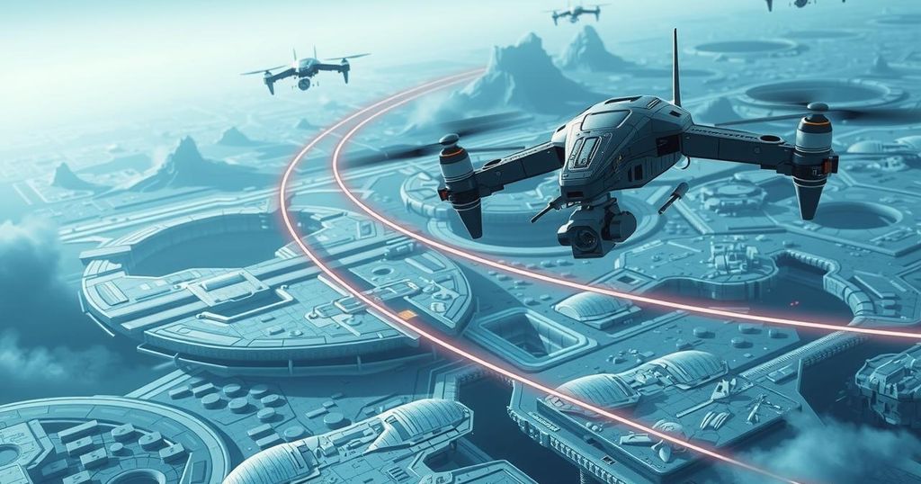 A futuristic battlefield with autonomous drones and robotic systems, blending technology and warfare in a digital landscape.