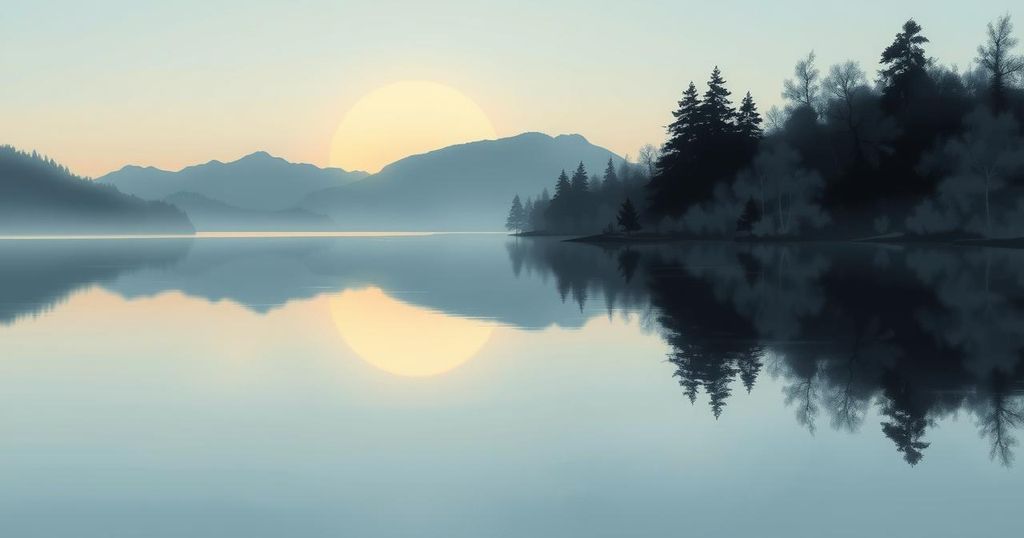 A serene lake under a twilight sky with muted gray and soft blue tones, reflecting the calm surroundings.
