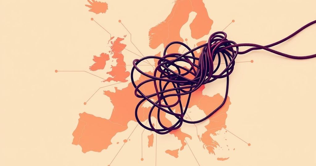 Illustration of a tangled wire symbolizing confusion over AI regulations, with a backdrop of a European Union map.