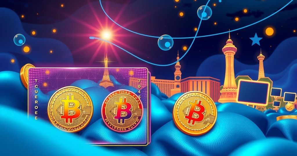 Bitcoin conference scene featuring vibrant visuals of cryptocurrency symbols and Las Vegas skyline in a digital art style.