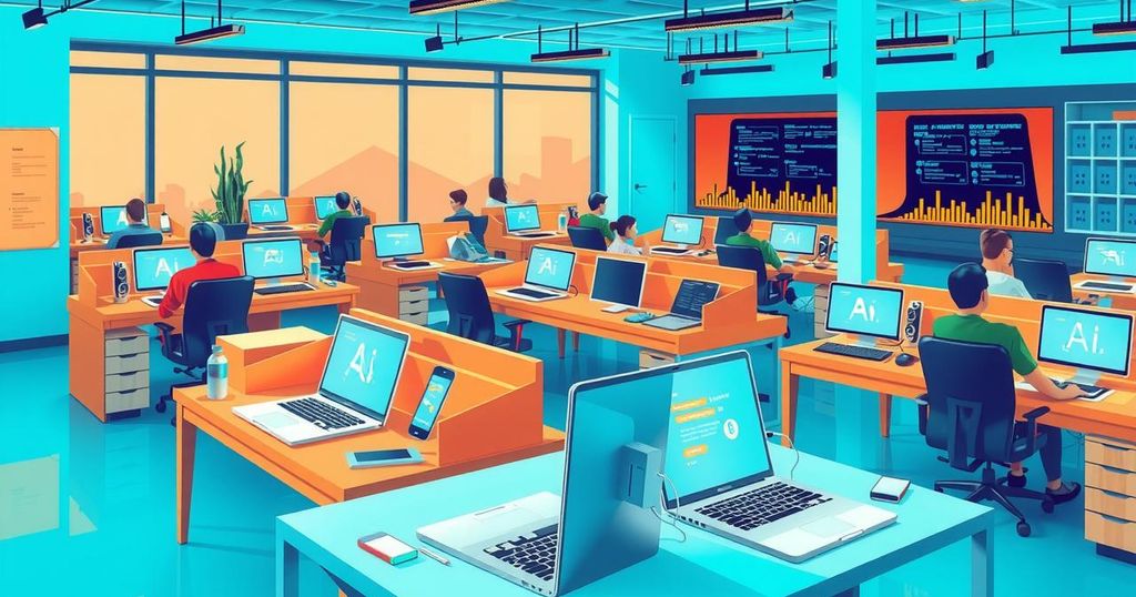 Small businesses utilizing AI tools for training, marketing, and customer service optimization in a vibrant workspace.