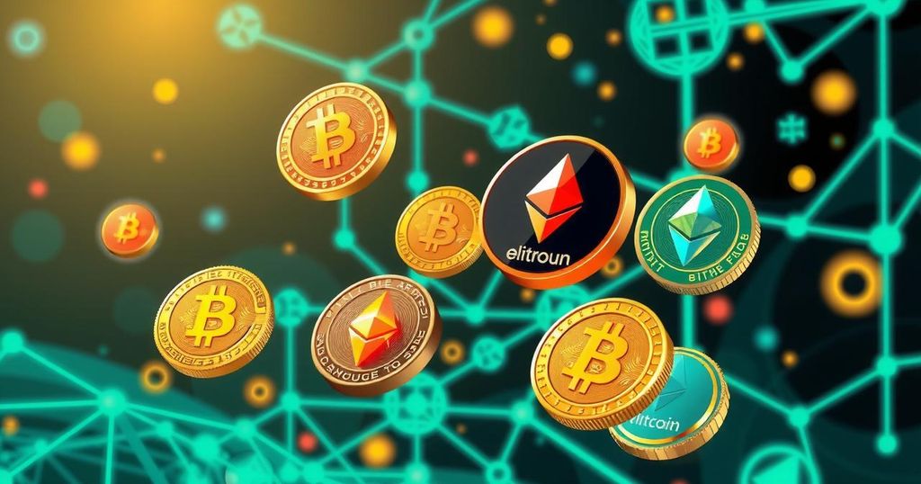 A vibrant representation of cryptocurrency trading featuring abstract tokens and digital elements in green and gold hues.