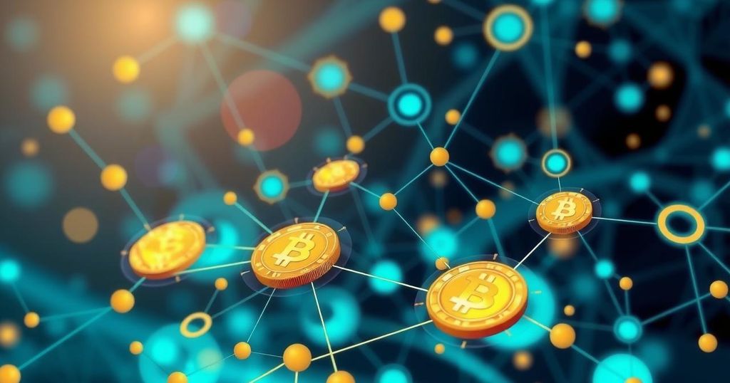 Abstract representation of cryptocurrency integration with finance, featuring interconnected digital symbols and a vibrant color scheme.