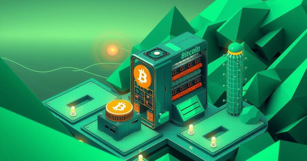 Digital energy infrastructure with bitcoin mining graphics and a green color scheme in a modern style.