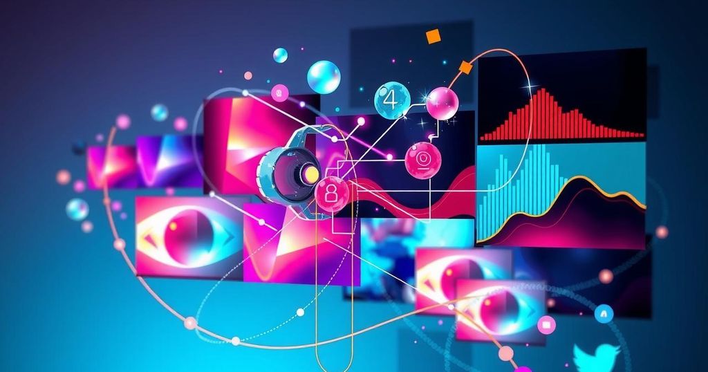 AI video discovery platform concept with abstract visuals of video clips and data analytics