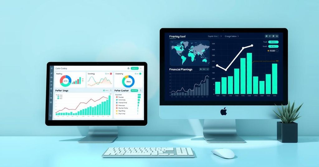 A digital workspace with financial planning tools in a minimalist design, showcasing charts and analytics for startups.