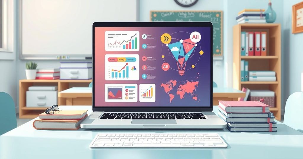 Illustration of an open laptop with AI-related graphics and educational tools, showcasing a modern classroom setting.