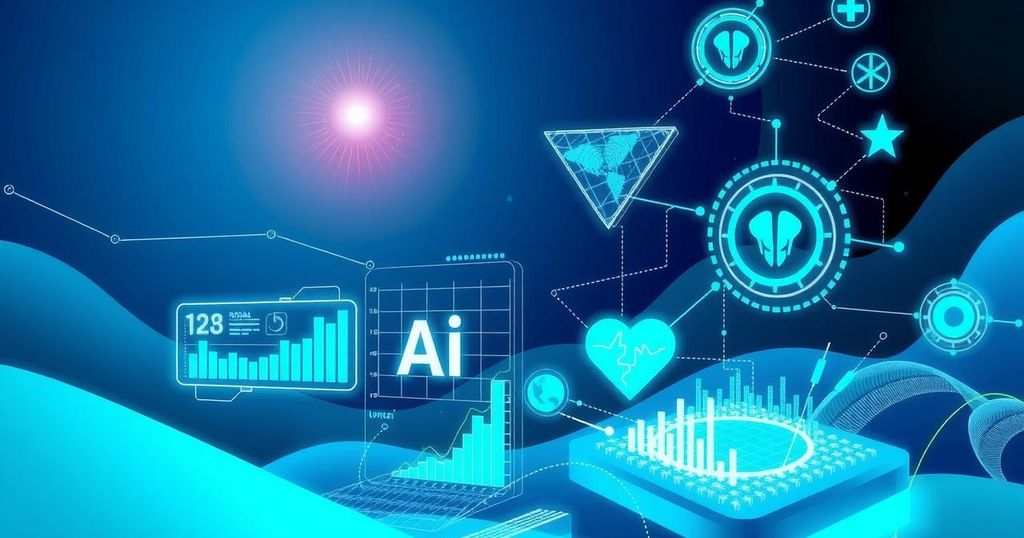 A digital landscape representing AI innovations in healthcare, featuring advanced technology, graphs, and futuristic elements.
