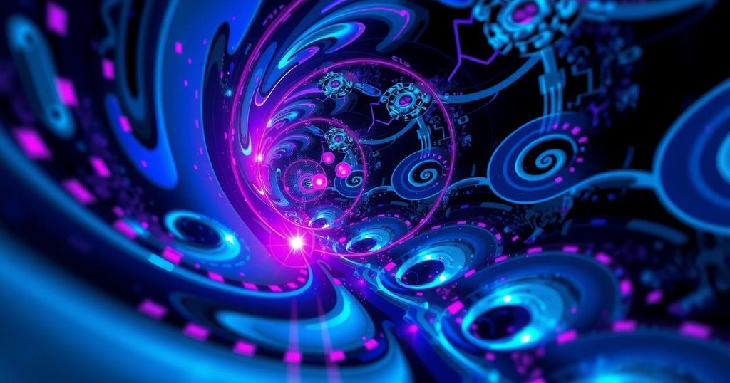 A swirling vortex of abstract elements symbolizing digital distortion and alternate realities.