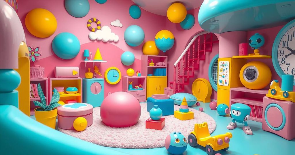 Colorful AI-powered toys and games in a creative play environment with vibrant hues and whimsical designs.