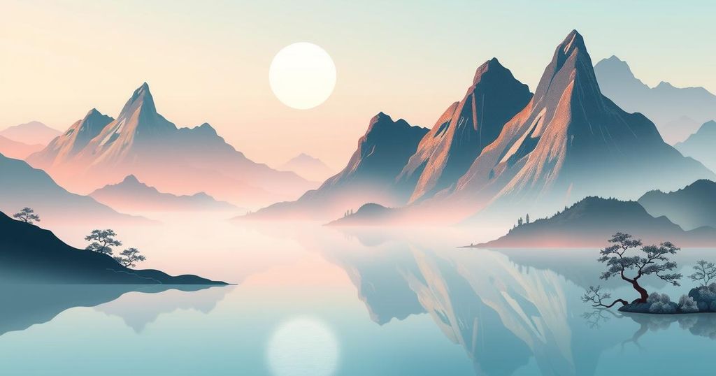 A digital rendering of a serene landscape representing national financial strategy with stylized mountains and a tranquil lake.