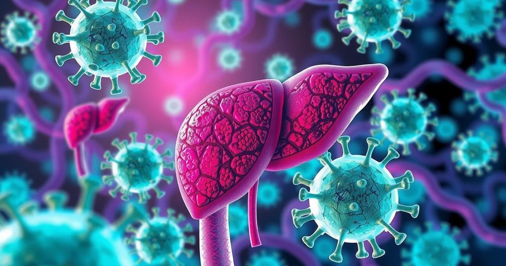 A colorful illustration of liver cells depicting scientific research on viral replication and protein interactions.