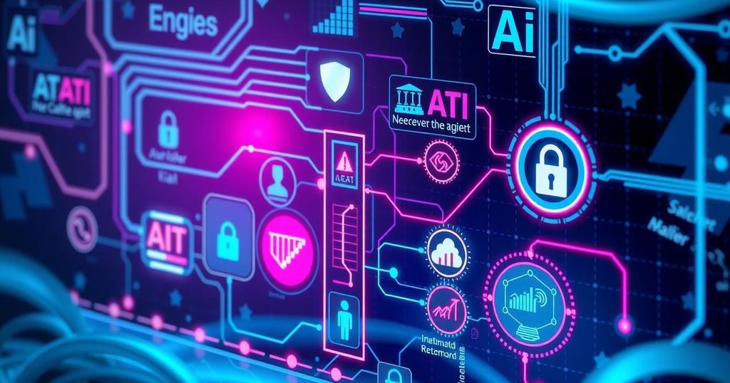 A futuristic cybersecurity interface with AI elements and digital networks, showcasing security features and analytics.