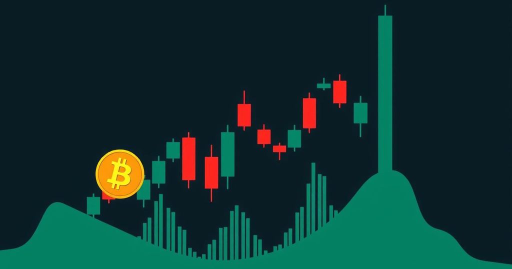 Bitcoin at an inflection point with a candlestick chart, green and red colors, minimalist style