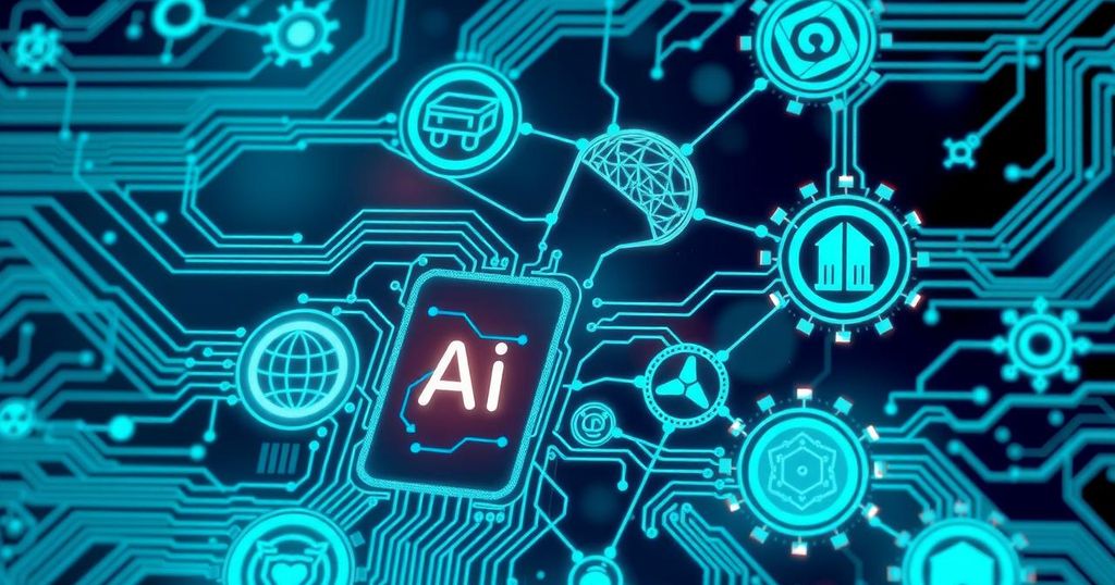 Symbolic representation of emerging technology trends in 2024, featuring circuits, AI, digital twins, and quantum computing elements.