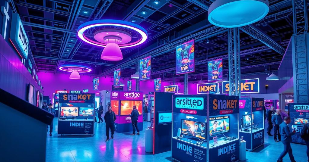 A crowded convention hall showcasing indie video games with AI technologies and innovative gaming setups.