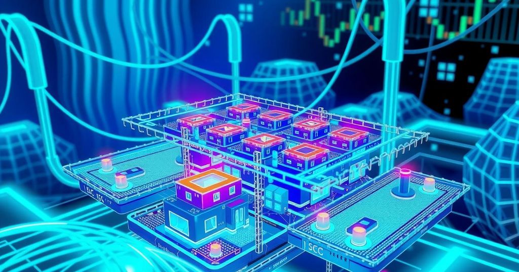 Futuristic illustration of blockchain technology, showcasing dual-layer architecture and vibrant digital landscapes.
