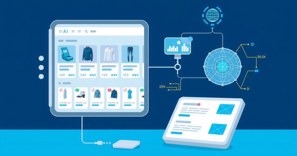 A digital concept artwork showcasing futuristic AI technology for online search and product comparison.