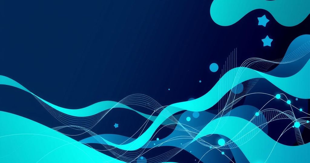 Vibrant abstract design symbolizing technology and innovation in AI with dynamic shapes and a blue-green color scheme.
