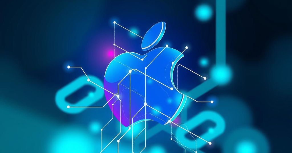 A futuristic digital illustration of Apple logo with AI elements, featuring vibrant colors and sleek design.