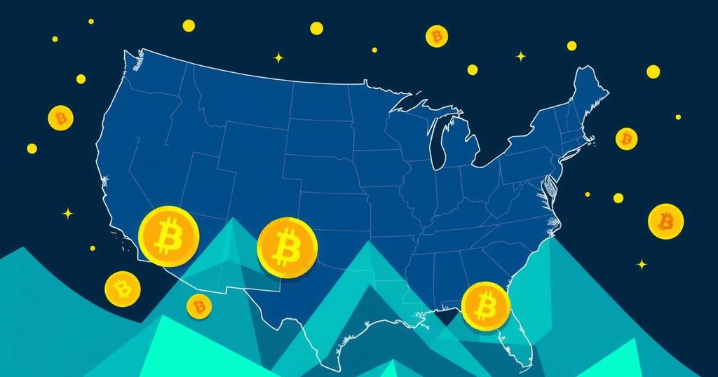 A digital landscape representing cryptocurrency laws, with Bitcoin symbols, and state outlines in a vibrant color scheme.