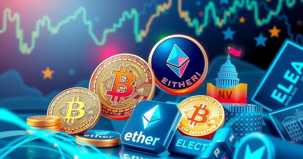 A dynamic cryptocurrency market influenced by political changes, featuring digital coins and election symbols, vibrant colors.