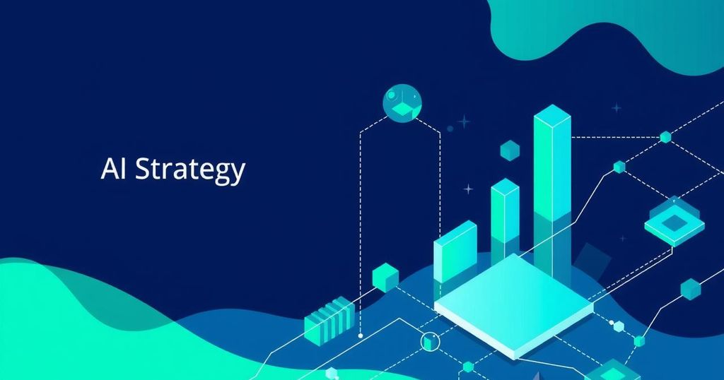 Illustration of AI strategy development with abstract graphics and tech elements in blue and green tones.