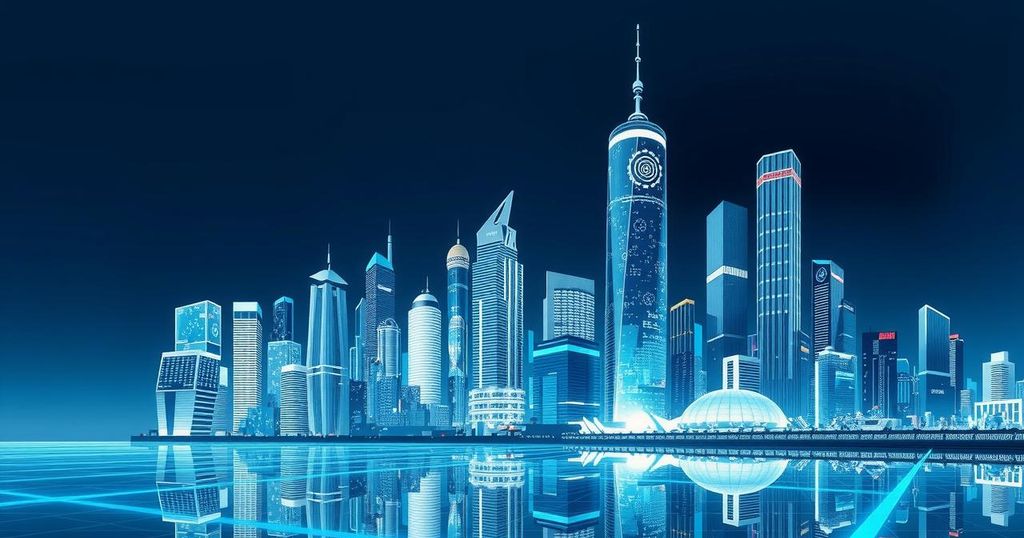 Modern tech discussion with abstract representation of artificial intelligence, featuring a futuristic city and technology icons.
