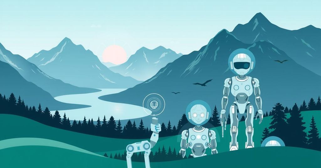 A serene landscape of Switzerland showcasing emerging technologies like robotics and AI amidst nature.