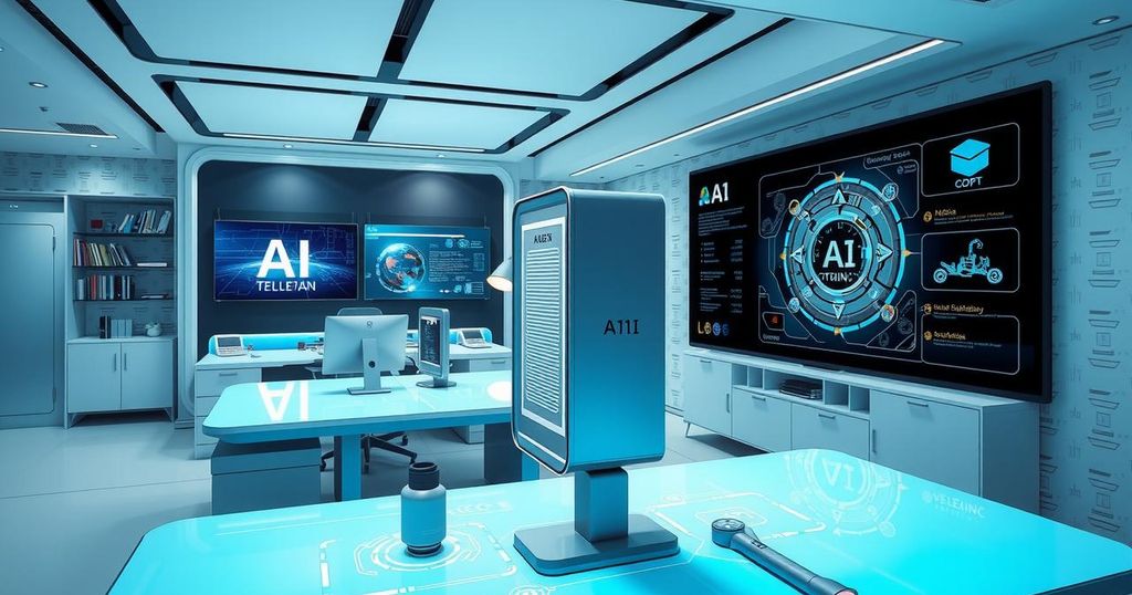 An office workspace with AI technology tools, featuring modern gadgets and digital interfaces in a tech-inspired design.