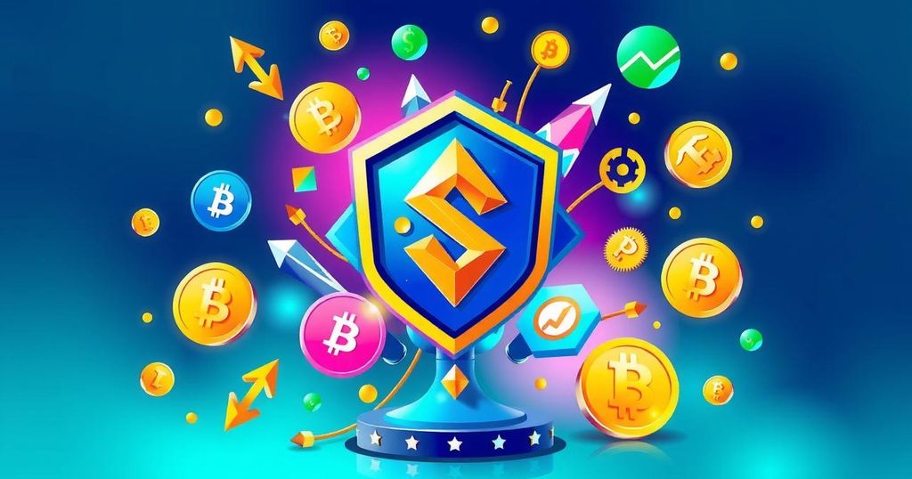 A digital illustration featuring a stylized Crypto Reserve symbol surrounded by various cryptocurrencies in vibrant colors.