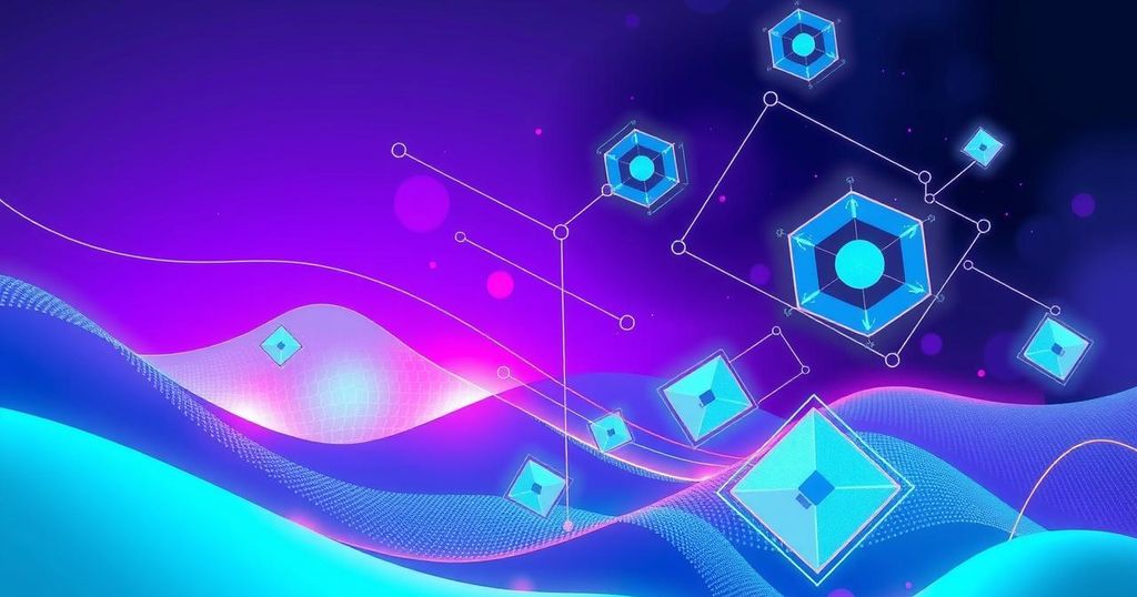 A digital landscape representing AI innovation, featuring abstract shapes and vibrant colors with futuristic elements.