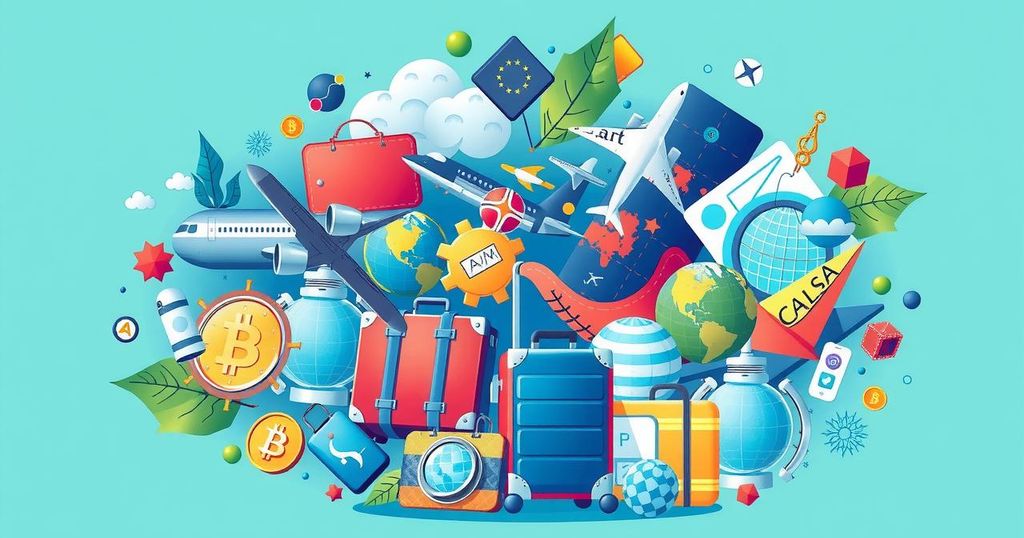 A collage of various travel-related icons symbolizing innovation in travel startups for 2025.
