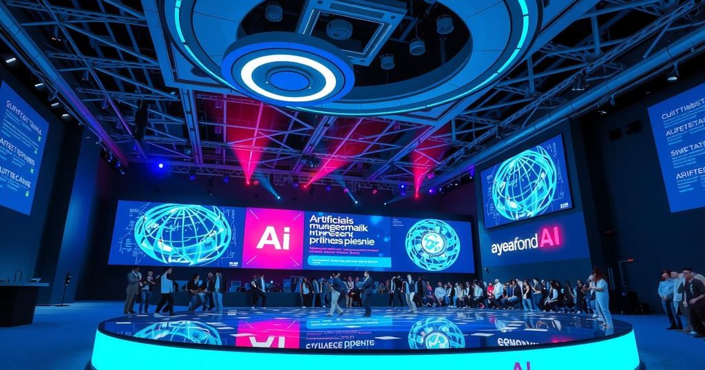 A sleek conference stage with modern technology displays and vibrant lighting, symbolizing AI innovation.